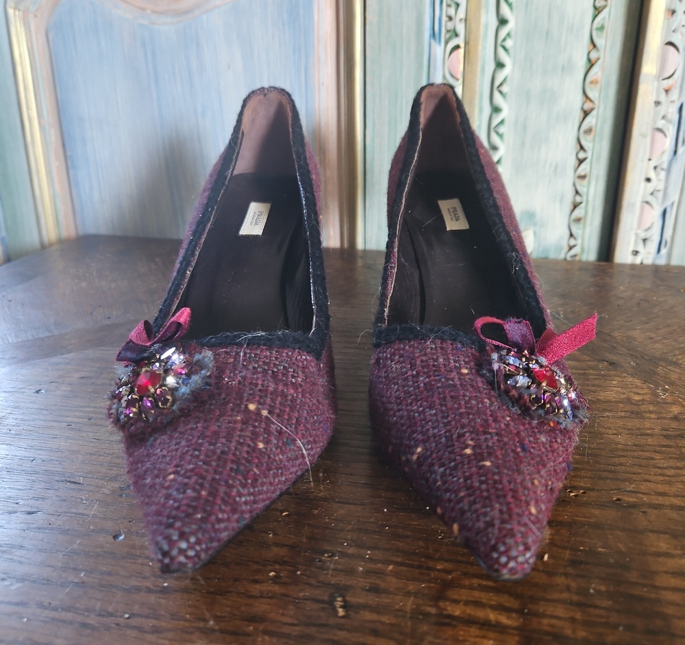 Prada Burgundy Tweed Heels with Embellishments